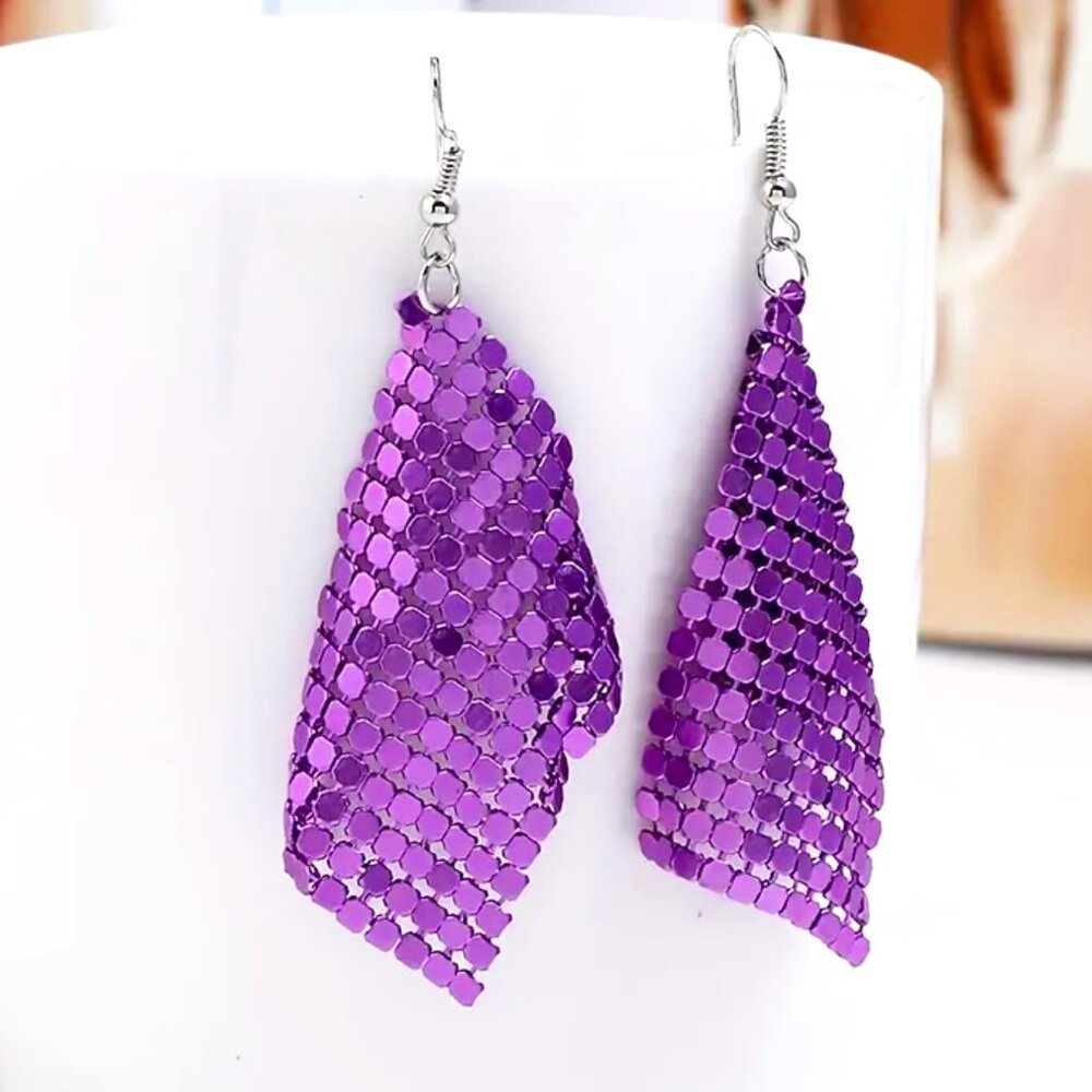 🌺 🌺 🌺 Long Purple Mesh Metallic Bling Earrings - Silver Plated Ear Wires